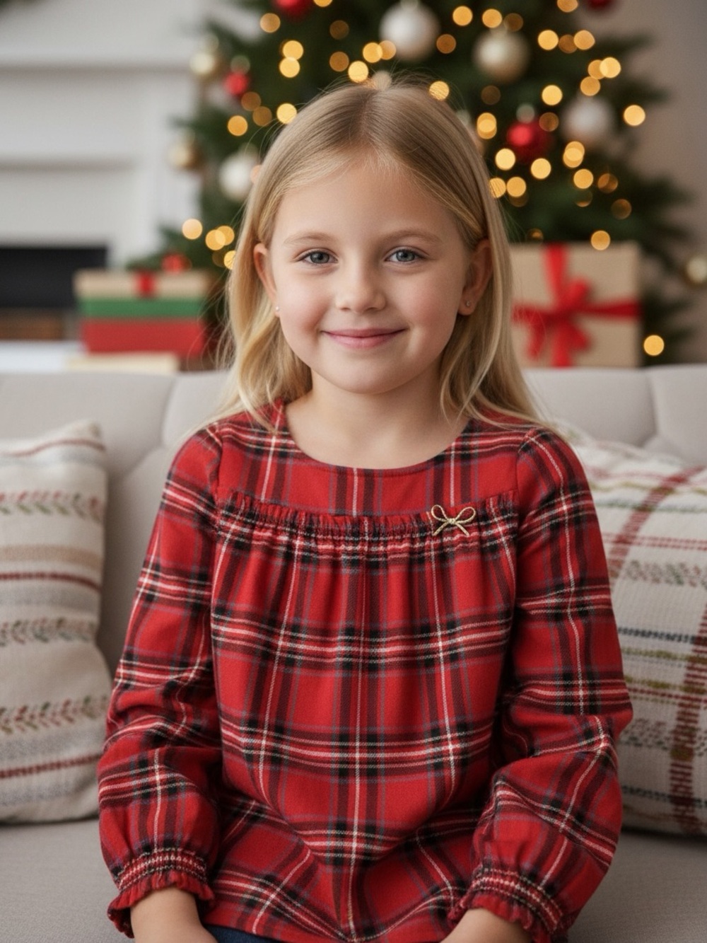Carters Kid Girls 6 6X Red Plaid Long Sleeve Shirt Gold Bow
